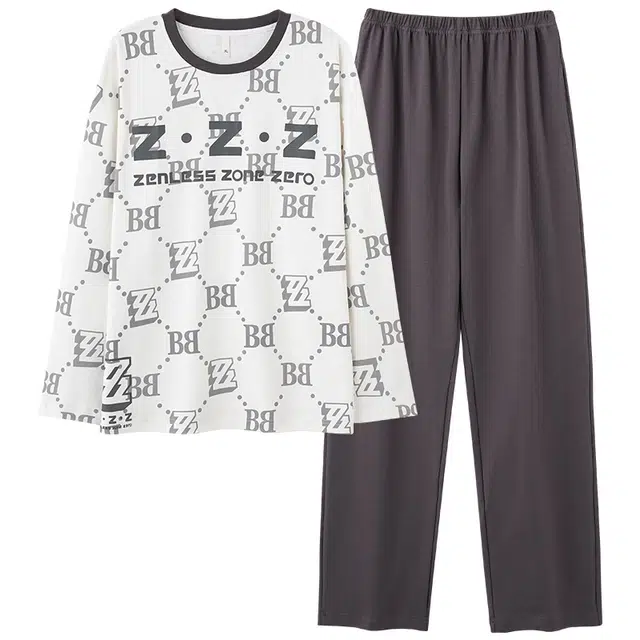 俏霓桐 春秋款简约字母休闲百搭青少年舒适纯棉亲肤长袖长裤家居服可外穿睡衣套装 男款