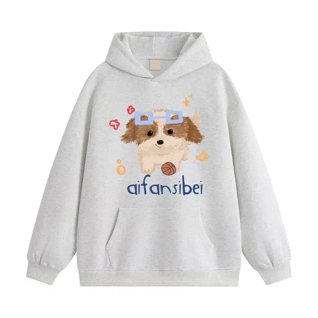 艾梵斯贝 美式复古潮流原创设计小狗字母卡通印花无性别日常通勤百搭宽松休闲情侣连帽卫衣 男女同款