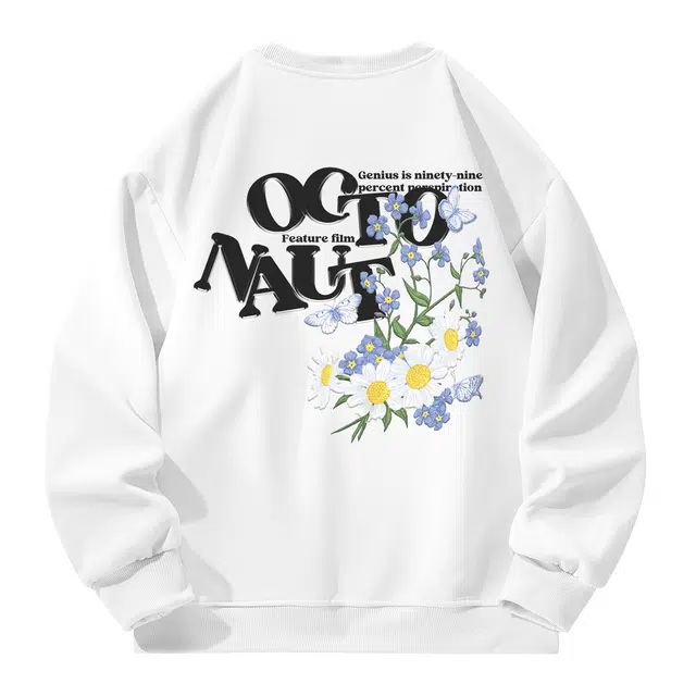 海底小纵队  美式高街蝴蝶玫瑰花字母印花手绘日常保暖国潮复古加绒加厚宽松舒适百搭潮流休闲学院风纯色重磅落肩打底长袖圆领卫衣 男女同款