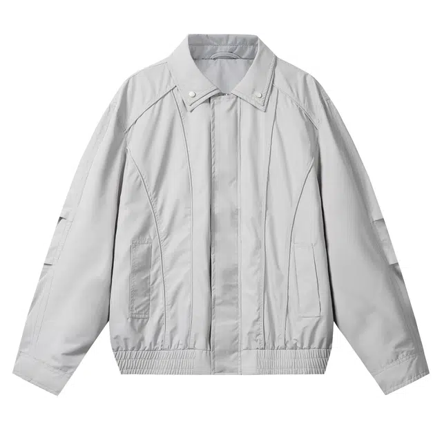 北欧攻略 美式基础款简约时尚百搭翻领飞行员外套拼接褶皱弯刀设计高级感机车服螺纹收口下摆纯色教练工装舒适复古夹克 男女同款