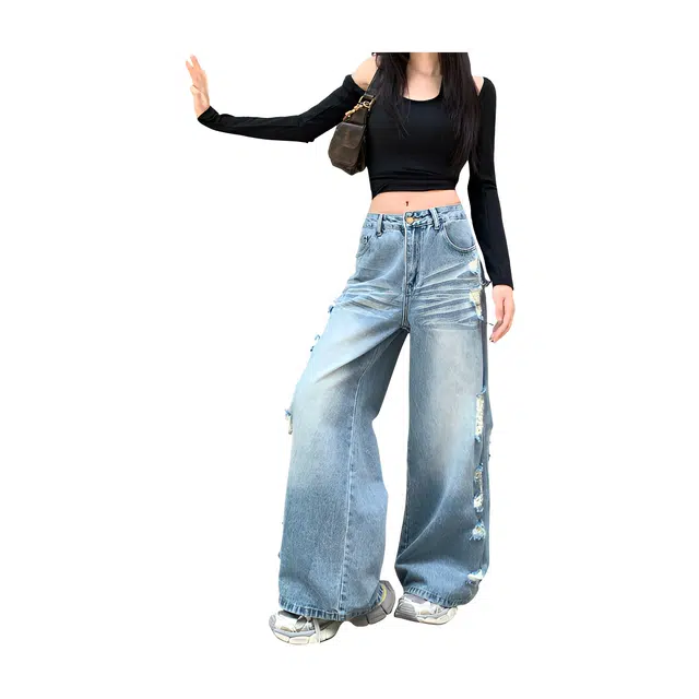 荟萃阁 设计感破洞美式垂感直筒女牛仔裤 女款