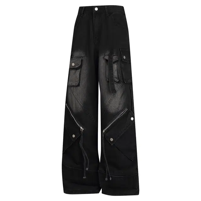 地界二 美式复古重工多口袋工装设计感宽松显瘦阔腿裤子潮牛仔裤 男款