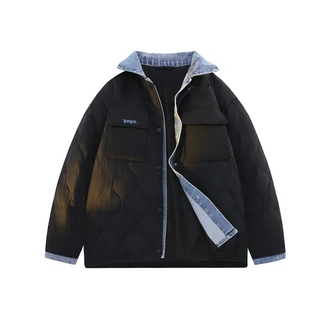 鸭鸭 牛仔拼接翻领撞色保暖防风宽松百搭潮流外套冬季羽绒服 女款