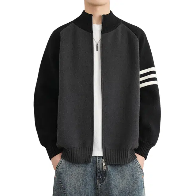 冈哉 三条杠拼接撞色开衫美式复古条纹学院风金属拉链宽松休闲百搭户外运动通勤垂感舒适立领针织衫 男女同款