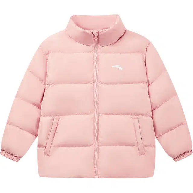 安踏儿童跑训基础百搭 舒适保暖冬季四防面包羽绒服 男女大小童 柔光粉