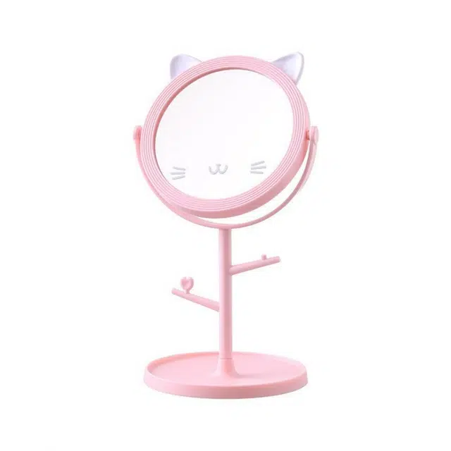 格安诺少女心化妆镜卡通猫咪表情美妆镜桌面学生可旋转补妆收纳公主镜子可爱美妆镜 立式镜