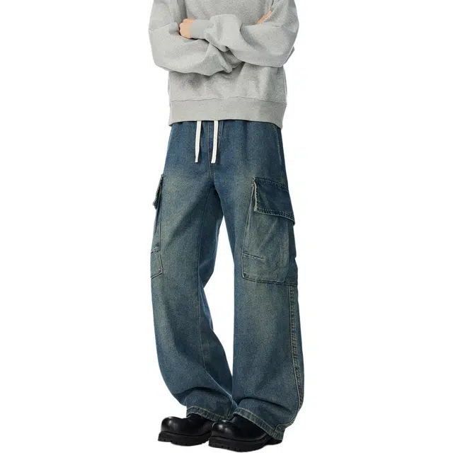 袋鼠 秋季高街潮牌直筒工装裤美式风复古设计感休闲百搭通勤宽松阔腿裤子牛仔裤 男女同款