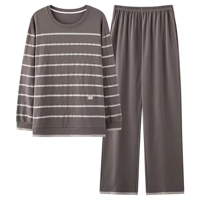 俏霓桐 春秋款简约条纹纯棉透气亲肤时尚休闲百搭宽松长袖长裤家居服可外穿睡衣套装 男款