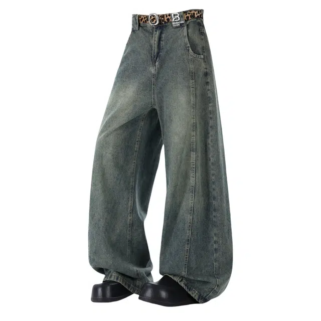 半空山 美式复古高街水洗做旧磨白潮流百搭弯刀拖地柔软舒适宽松阔腿牛仔裤 男女同款