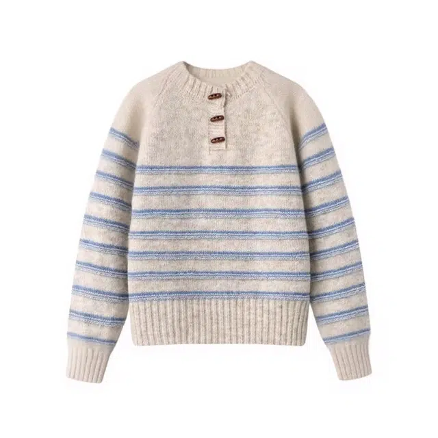 敲模女孩 法式复古慵懒风圆领撞色条纹针织衫 女款