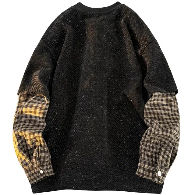 稻草人 美式复古大码假两件格纹撞色银丝斜纹满天星面料拼接设计高街圆领落肩套头秋季卫衣 男女同款