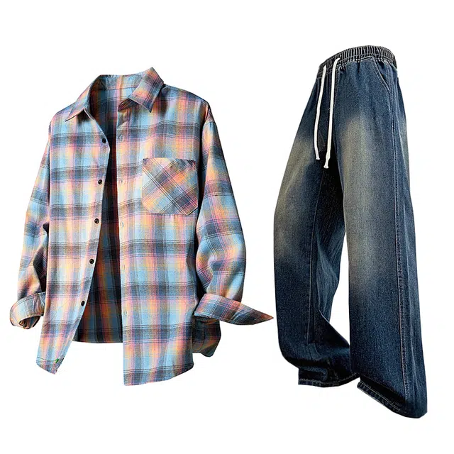 【免搭配一套】布客行 条纹多彩格子学院风扎染高街单排扣内搭休闲宽松衬衣外套美式复古直筒抽绳松紧腰微喇柔软牛仔裤衬衫套装 男女同款