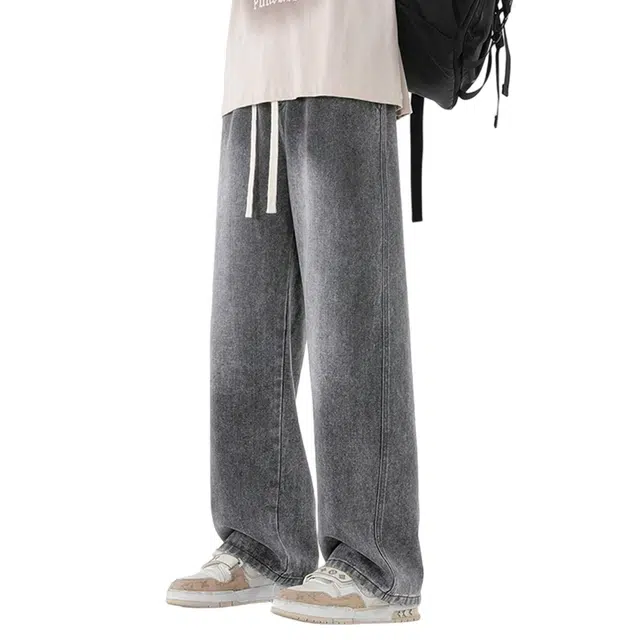 顶峰保罗 美式复古高街做旧阔腿无性别主义直筒休闲运动潮牌长裤弹力抽绳显高显瘦宽松大码简约百搭加绒加厚垂感牛仔裤 男女同款