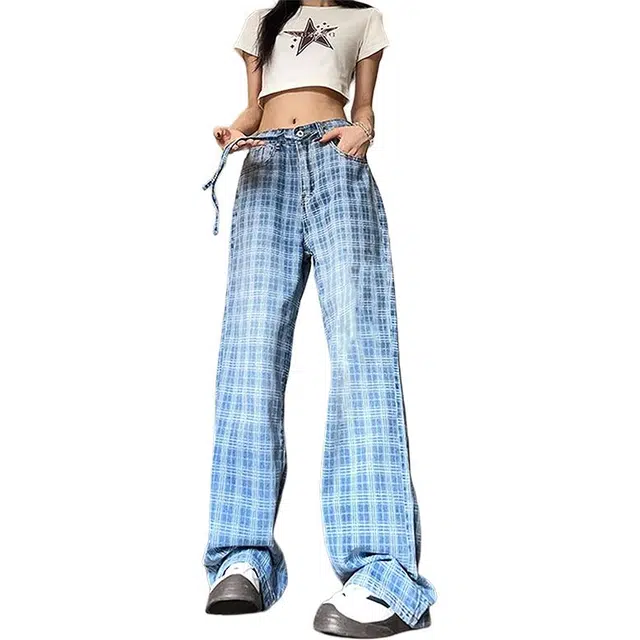 单爵 美式复古格子微喇裤女款拼接设计感裤子牛仔裤 男女同款