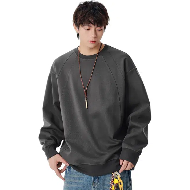 隐狼世家 男圆领宽松套头纯色日系复古拼接结构款春秋季百搭休闲卫衣 男款