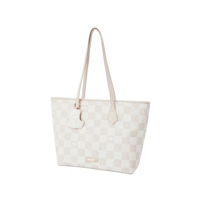 森马 撞色棋盘格小狗印花通勤百搭 合成革 托特包手提单肩包 常规 女款 米白/胡桃棕/梦幻粉