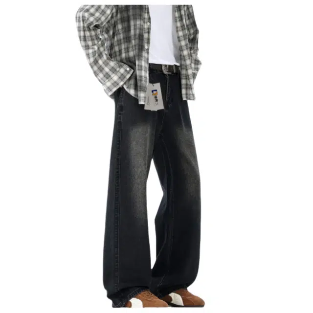 地界二 裤子男宽松水洗高街直筒美式春秋弯刀休闲长裤牛仔裤 男款