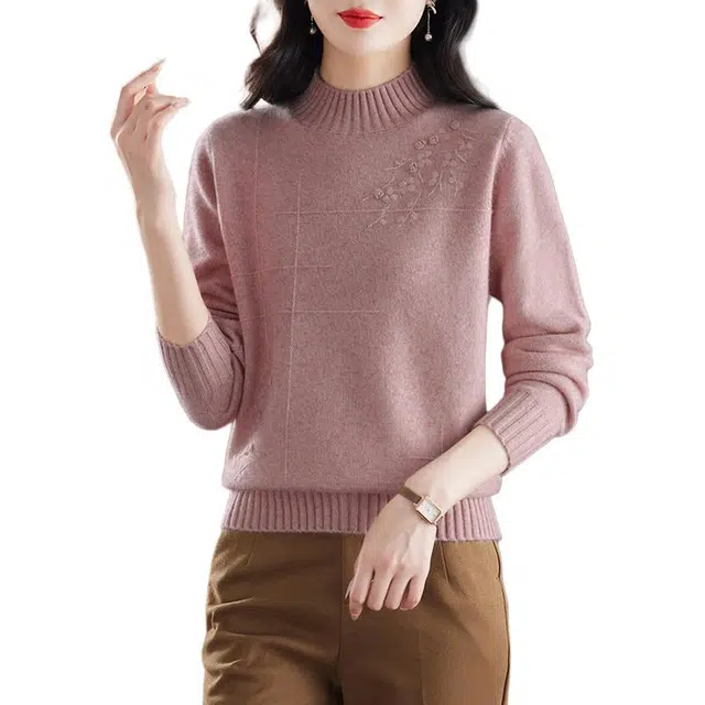 袋鼠 舒适简约百搭宽松半高领纯色质感提花套头长袖羊毛针织衫 女款