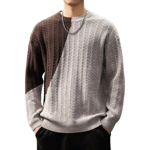 贵色 日系风格高端撞色不规则拼接创意设计圆领长袖潮流百搭休闲落肩袖针织衫 男女同款