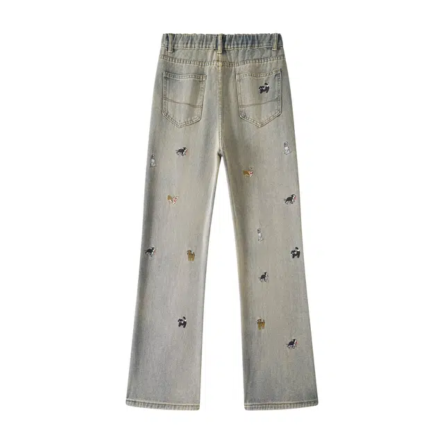 明尼凯 美式复古高街水洗做旧简约个性趣味卡通可爱小狗万针植绒刺绣工艺小众高级设计休闲宽松垂感百搭日常通勤直筒微喇牛仔裤 男女同款