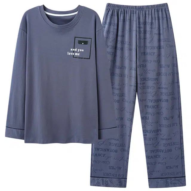 俏霓桐 春秋款简约字母纯棉亲肤休闲宽松舒适透气长袖长裤家居服可外穿睡衣套装 男款