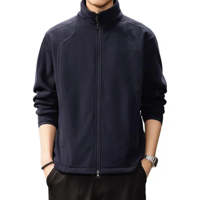 贵色 美式复古纯色简约风摇粒绒重磅开衫长淡人随性盐系穿搭结构拼接设计休闲外套长袖卫衣 男女同款