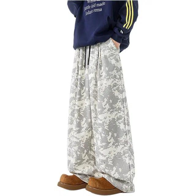 华夏儿女 美式扎染灯芯绒裤子大码迷彩运动卫裤直筒阔腿裤休闲裤 男女同款