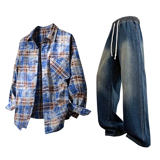 布客行 免搭配一套学院风扎染高街条纹多彩格子单排扣内搭休闲宽松衬衣外套美式复古直筒抽绳松紧腰微喇柔软牛仔裤衬衫套装 男女同款