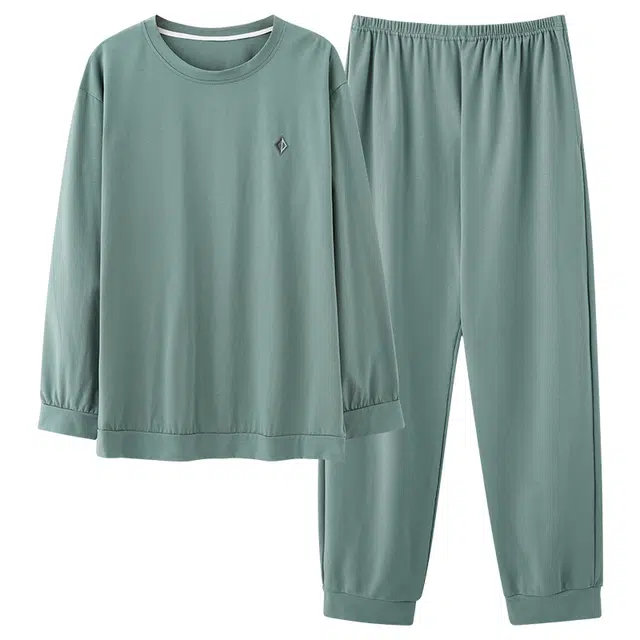 俏霓桐 春秋款时尚纯色纯棉亲肤简约运动休闲百搭舒适长袖长裤家居服可外穿睡衣套装 男款