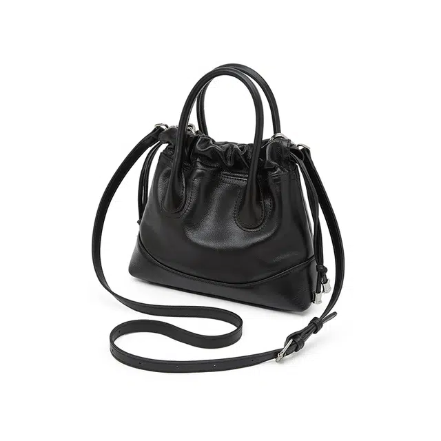 老人头 小香风通勤时尚高级质感气质个性 牛皮拼合成革 水桶包手提包 女款 黑色/白色/浅灰色