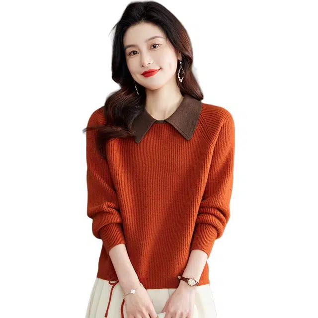 袋鼠 时尚洋气百搭显瘦撞色翻领套头长袖质感纹路打底针织衫 女款