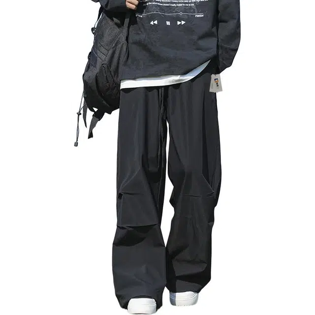 地界二 美式机能裤男夏季潮牌复古阔腿长裤户外山系直筒伞兵裤子夏季复古阔腿纯色青春活力风松紧腰长裤休闲裤 男款