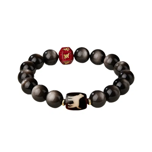 宣华意 国潮高端民族风时尚高级设计感 天珠生肖转运珠 本命年手链 文玩佛珠 平安顺遂 招财纳福 守护好运 黑曜石 手串 男女同款情侣款