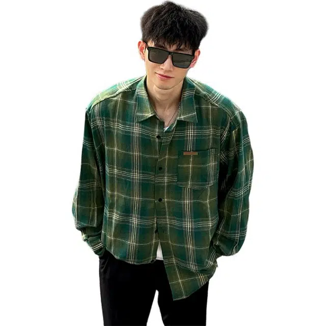 单爵 磨毛格子男生早秋穿搭高级感学院风长袖衬衫 男女同款