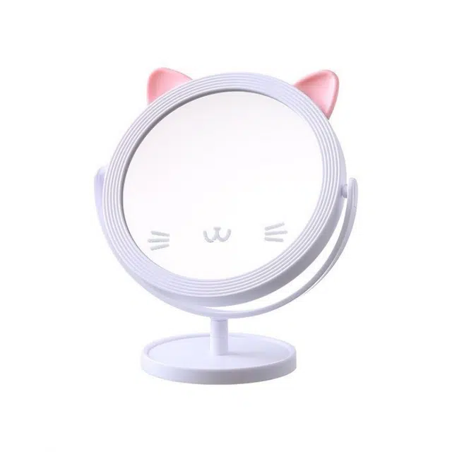 格安诺少女心化妆镜卡通猫咪表情美妆镜桌面学生可旋转补妆收纳可爱美妆镜 立式镜