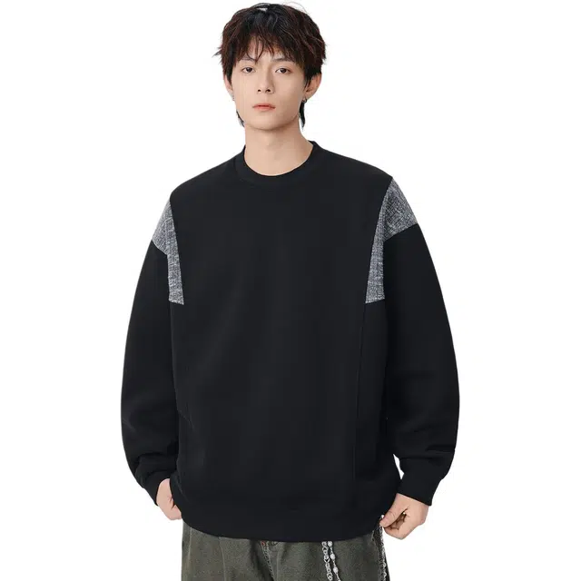 隐狼世家 春秋季圆领男宽松日系复古拼接套头打底衫情侣潮流百搭卫衣 男款