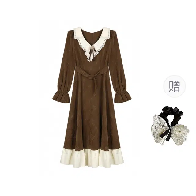 涂诗菲 韩版大码女装复古设计感收腰绑带显瘦简约暗纹长袖连衣裙 女款