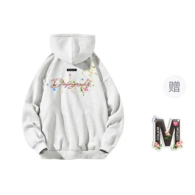 棉购 春秋基础款仿刺绣上衣学生街头潮流时尚休闲百搭花卉印花绒衫加绒加厚宽松卫衣 男女同款