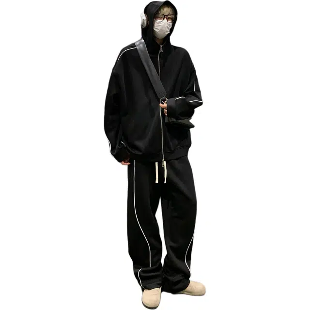 北欧攻略 美式学院风条纹宽松卫衣连帽拉链开衫健身直筒长裤休闲运动套装 男女同款