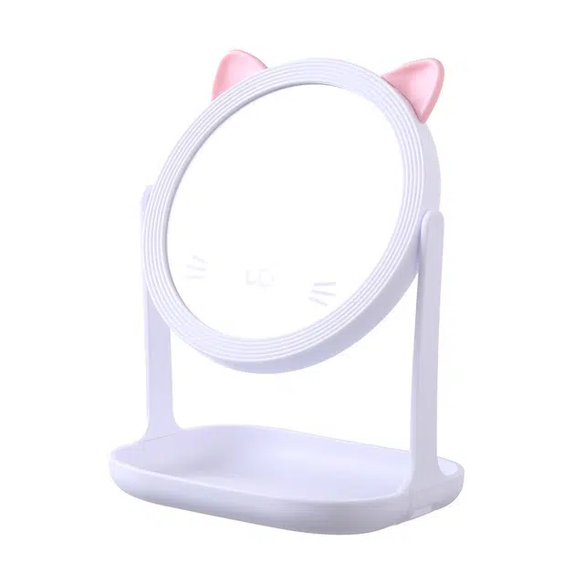 格安诺少女心化妆镜卡通猫咪表情美妆镜桌面学生可旋转补妆收纳公主可爱美妆镜 立式镜