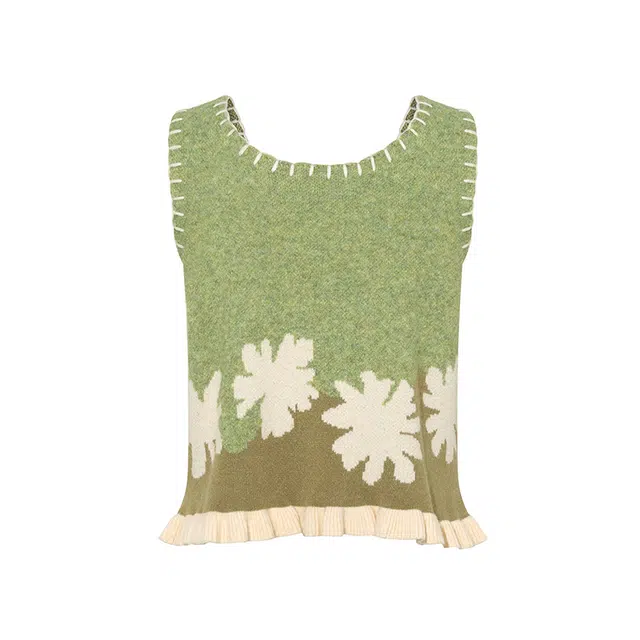 两三事 春色花屿 小清新花卉图案宽松绑带圆领马甲 女款