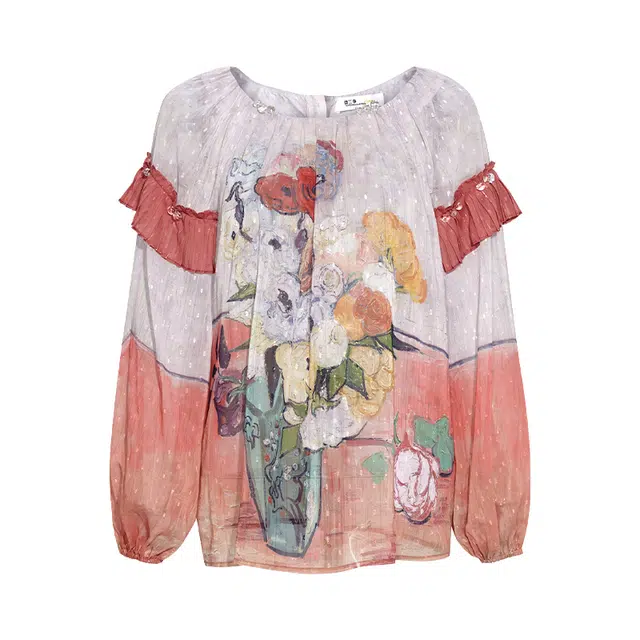 两三事 梵高艺术 花也谈情 复古优雅压褶拼接两面穿雪纺衫 女款