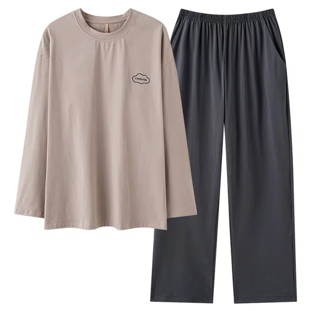 俏霓桐 春秋款简约纯色纯棉亲肤透气休闲百搭宽松舒适长袖长裤家居服可外穿睡衣套装 男款