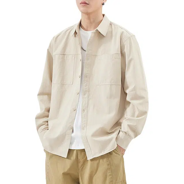 杜克恩 纯棉重磅工装双口袋衬衣外套秋季美式复古纯色翻领宽松休闲夹克式长袖衬衫 男女同款