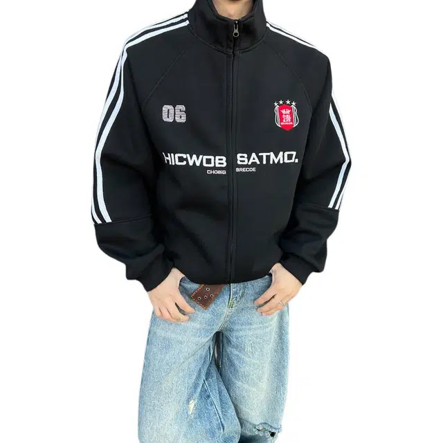 冈哉 美式复古三条杆开衫绣花立领棒球外套机车潮流拉链设计休闲工装垂感痞帅宽松少年感舒适潮搭长袖夹克 男女同款