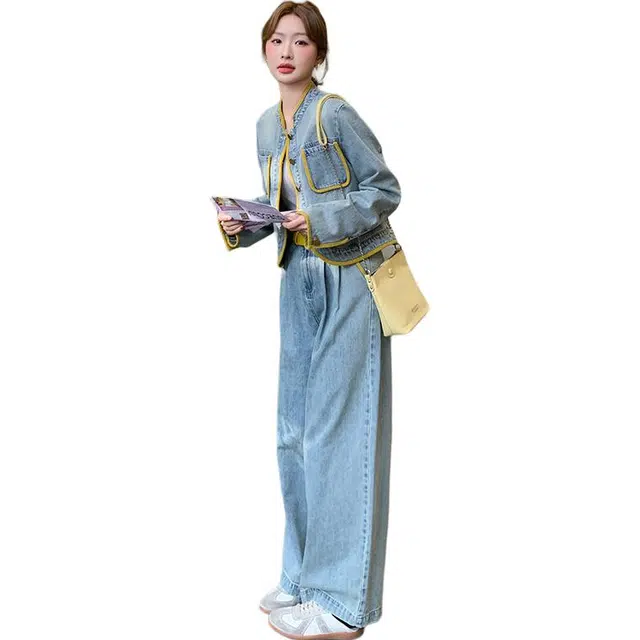 稻草人 酷飒港风复古撞色牛仔两件套独特设计洋气减龄配腰带休闲套装 女款