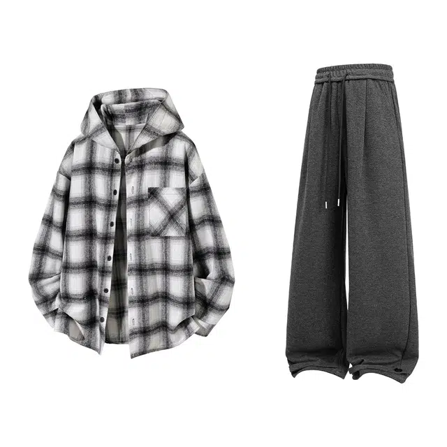 哲源 美式复古小香风格子扎染单排扣设计感春秋外套夹克搭配简约纯色抽绳系带褶皱直筒裤休闲运动套装 男女同款