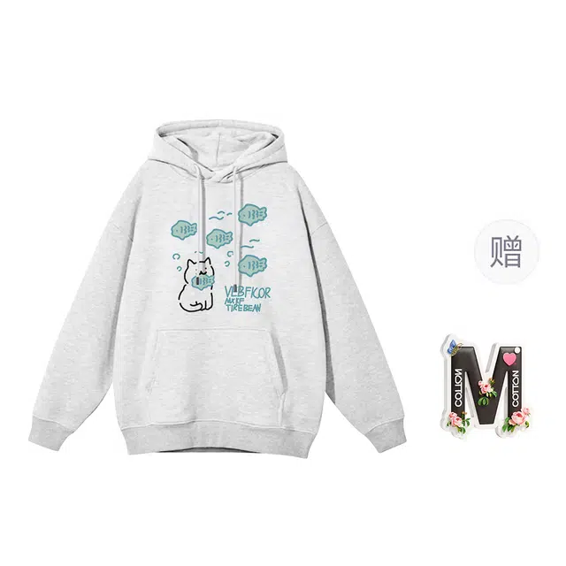 棉购 韩系学院风基础款连帽卡通学生潮流时尚休闲百搭绒衫加绒加厚宽松卫衣 女款
