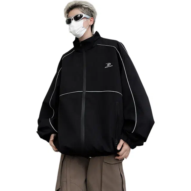 地界二 美式运动风立领男潮牌复古宽松休闲百搭解构拼接立领春秋季潮牌字母数字收口袖宽松型潮夹克 男款