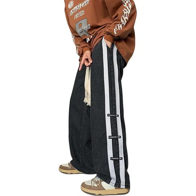 大格子与黑猫 美式复古阔腿牛仔裤男宽松直筒拼接工装裤秋季高街大码长裤子休闲裤 男款